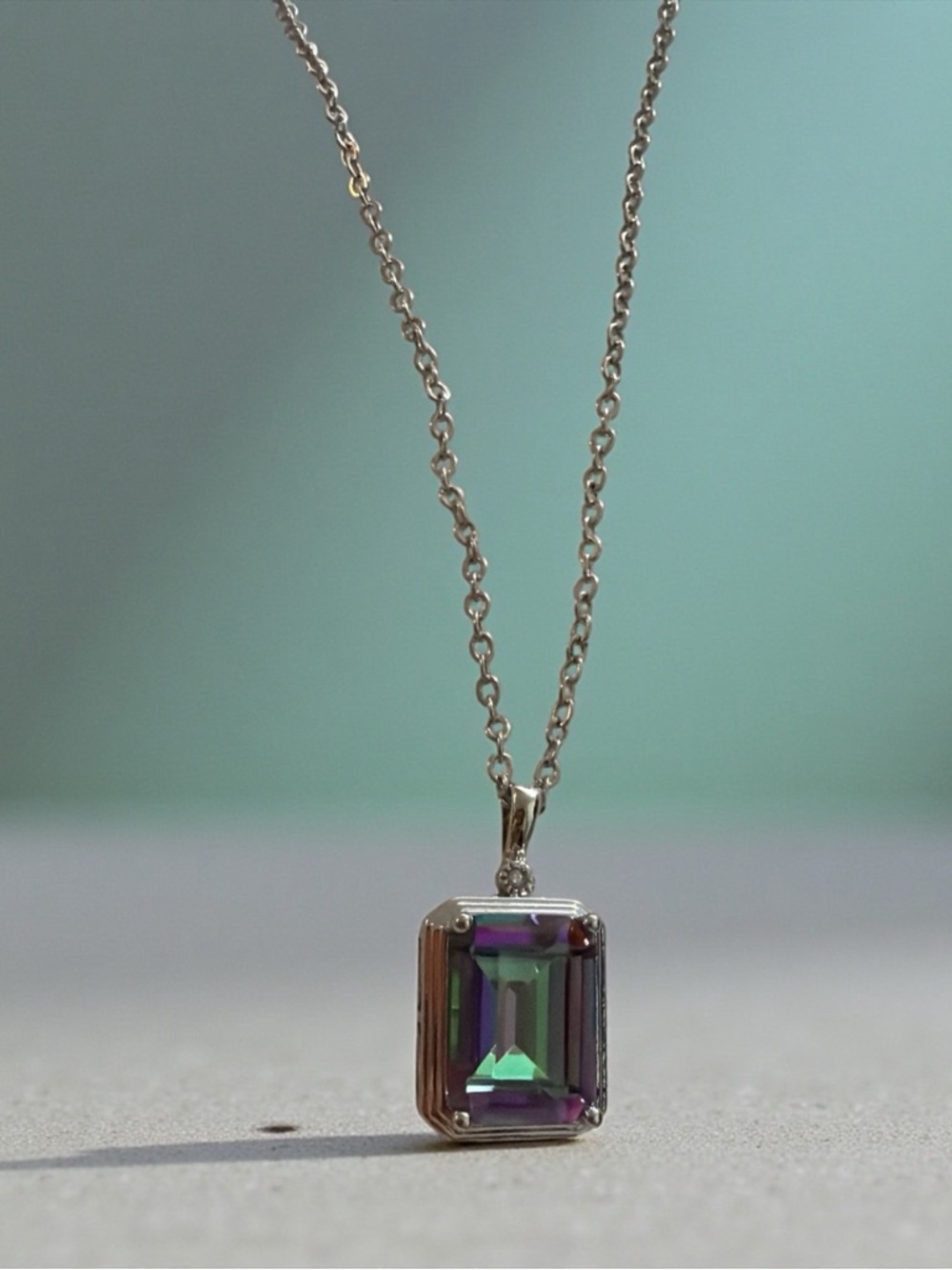 10 Carat Mystic Topaz Emerald-Cut and Diamond Necklace - Rhodium Silver Plated